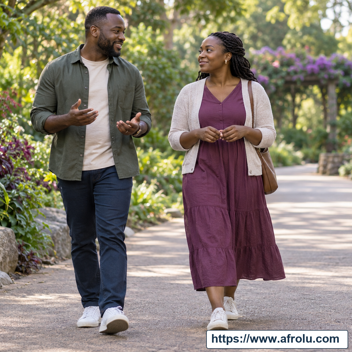 Two adults talking while walking along a leafy garden path.