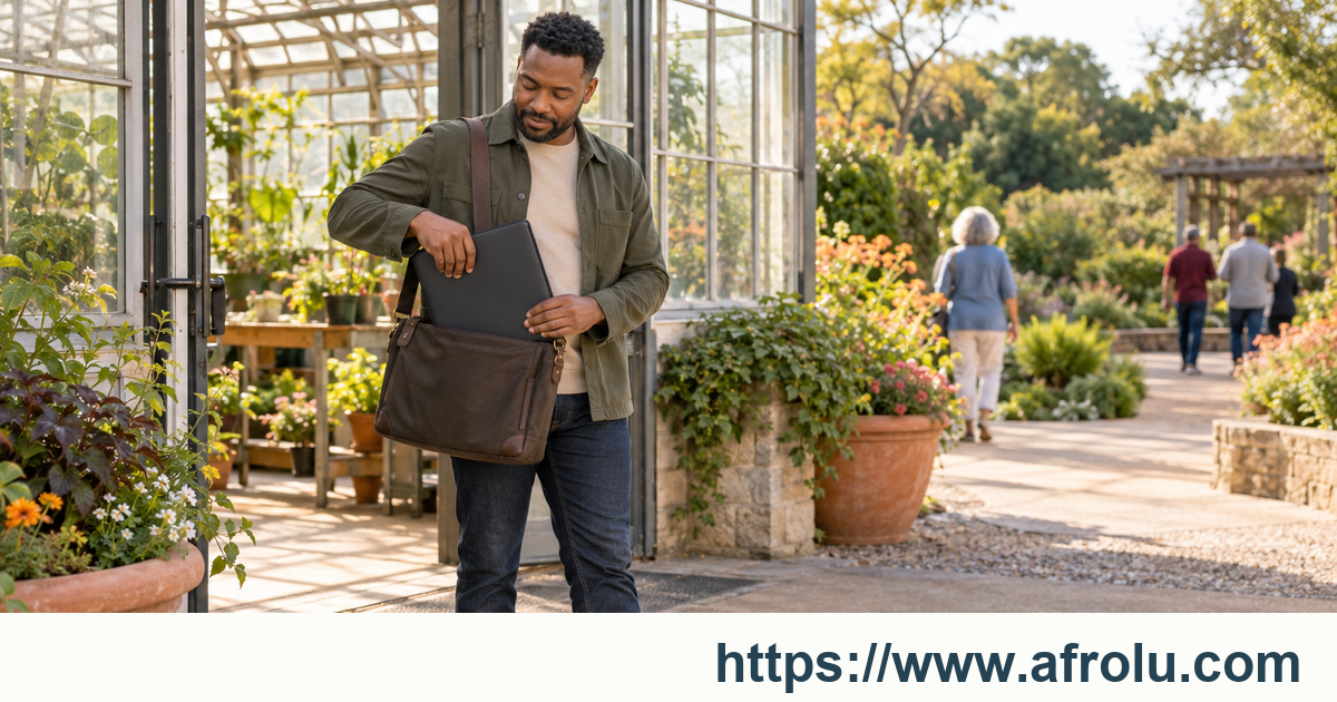 An adult man places a closed unmarked portfolio into his shoulder bag beside a public greenhouse path.