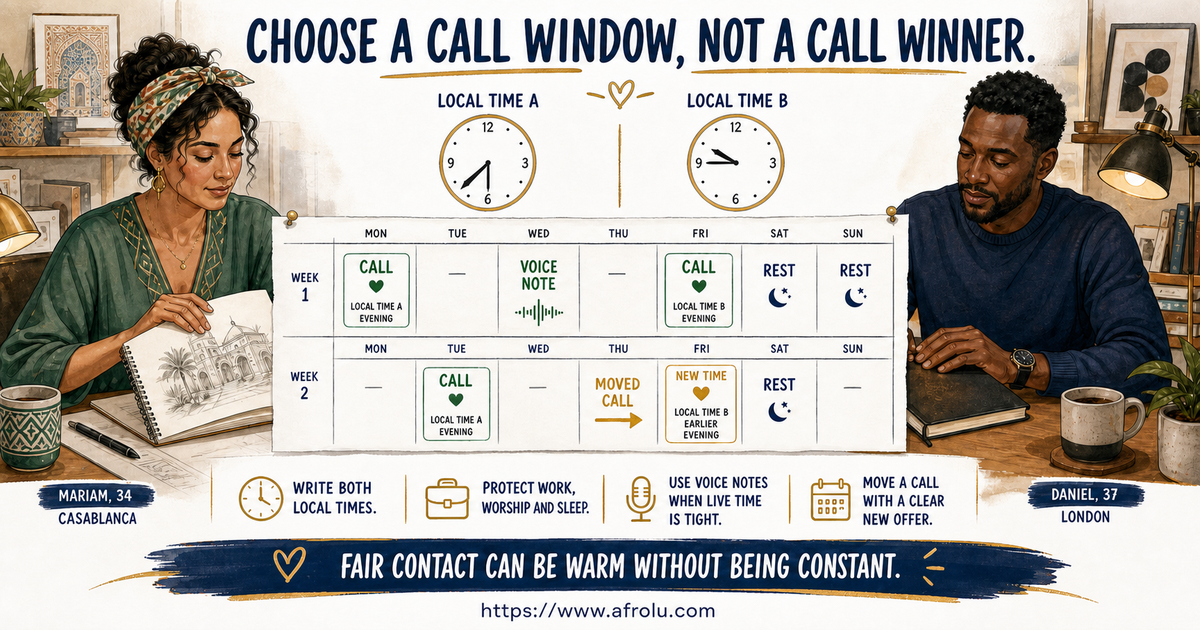 Mariam age 34 and Daniel age 37 choosing a fair call window around work, worship, sleep, and a changing time difference