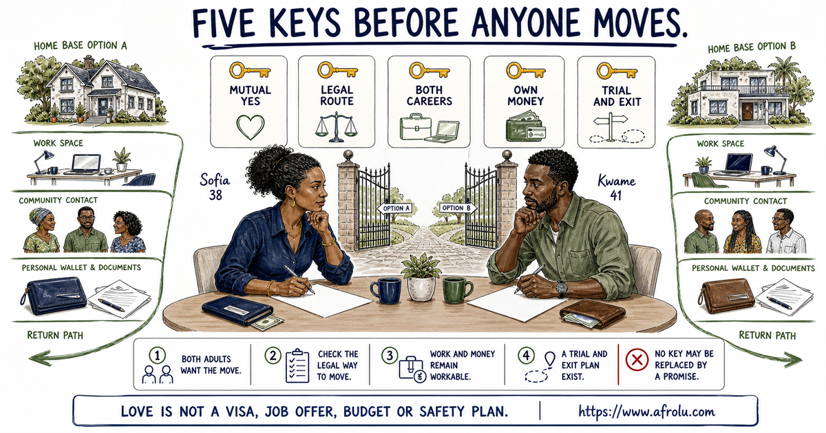 Five-key relocation gate covering a free choice, a legal way to move, both careers, personal money, and a safe trial plan