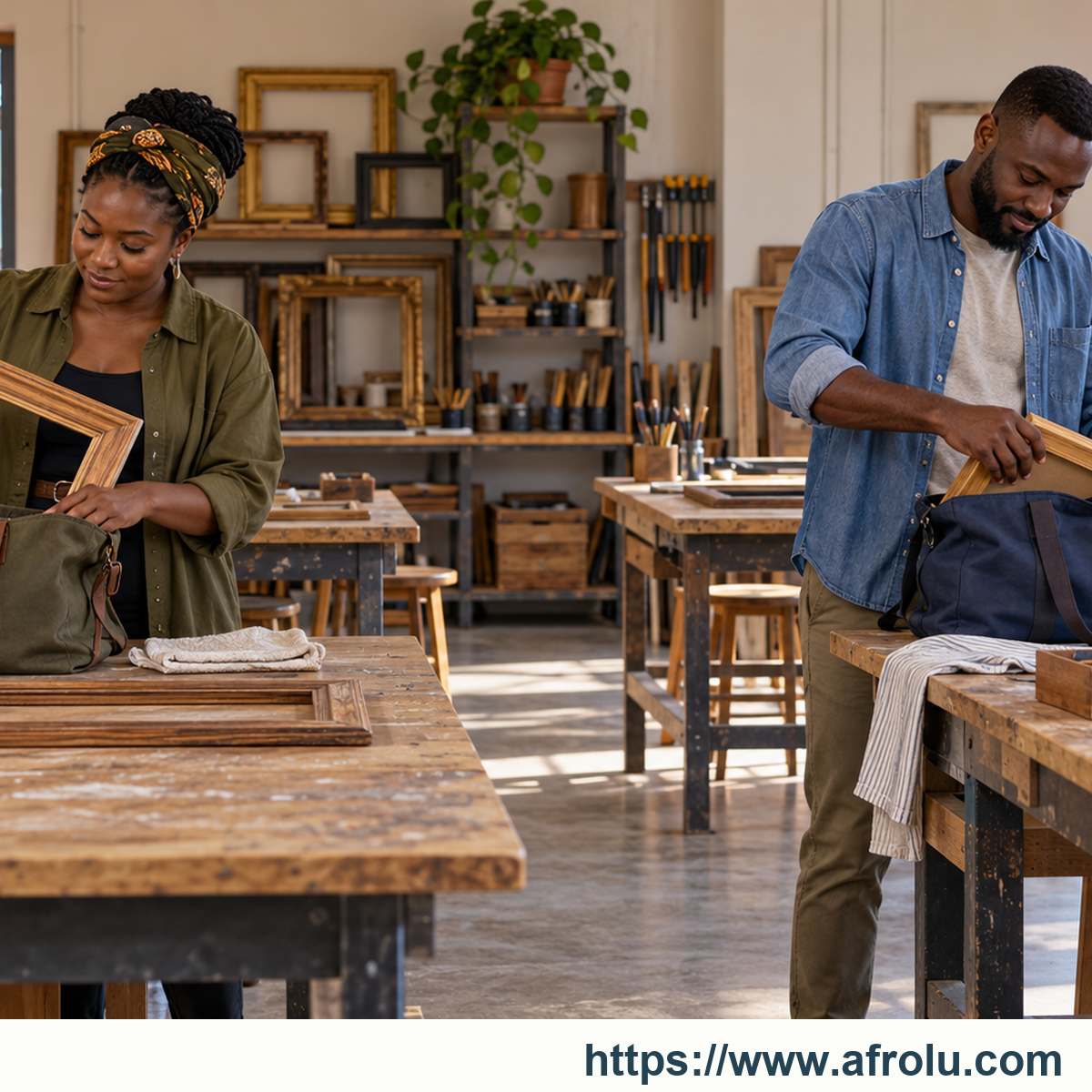 Two adults pack wooden frames into their own bags after a workshop.