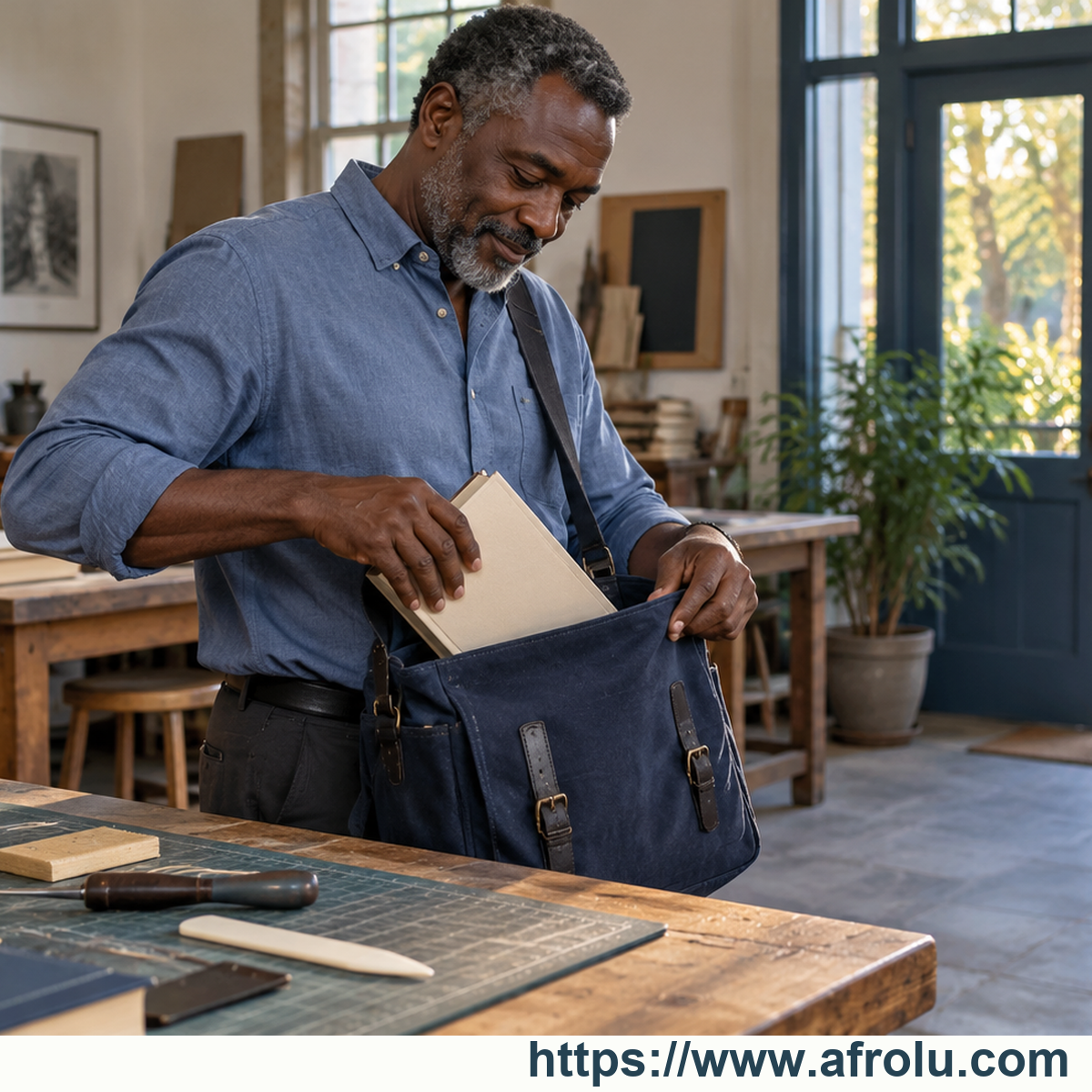 An older adult man places a book in his bag at a public repair workshop.