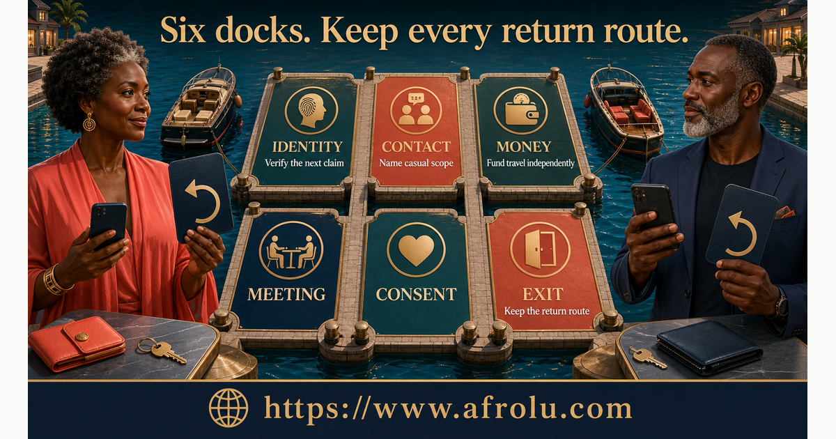 Fictional adults Rose and Kwesi using six separate docks for identity contact money meeting consent and exit in casual long-distance dating