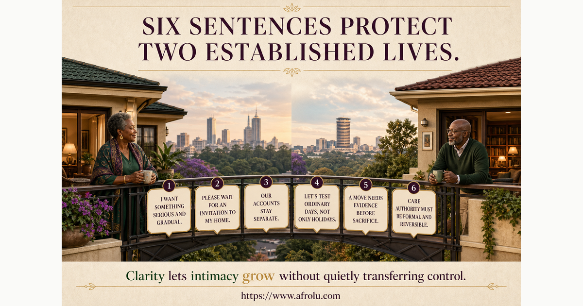 Six large scripts for serious intent, home privacy, money, family, care authority and closing distance later in life