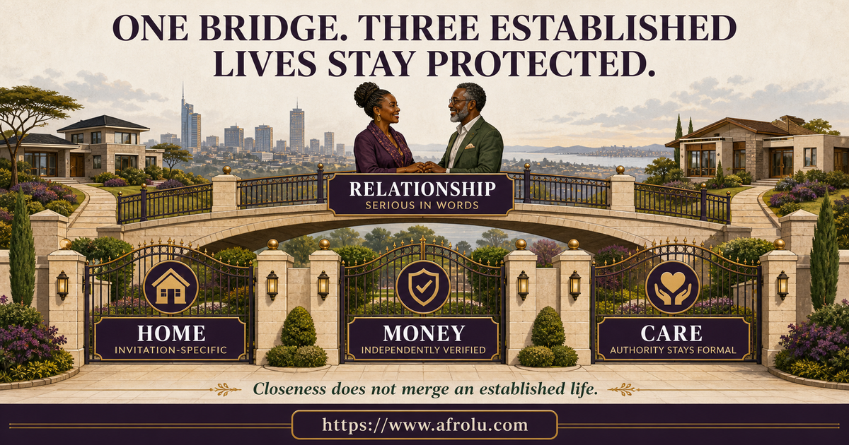 Fictional later-life daters Achieng age 52 and Daniel age 56 crossing a bridge while home, money and care estates remain independently gated