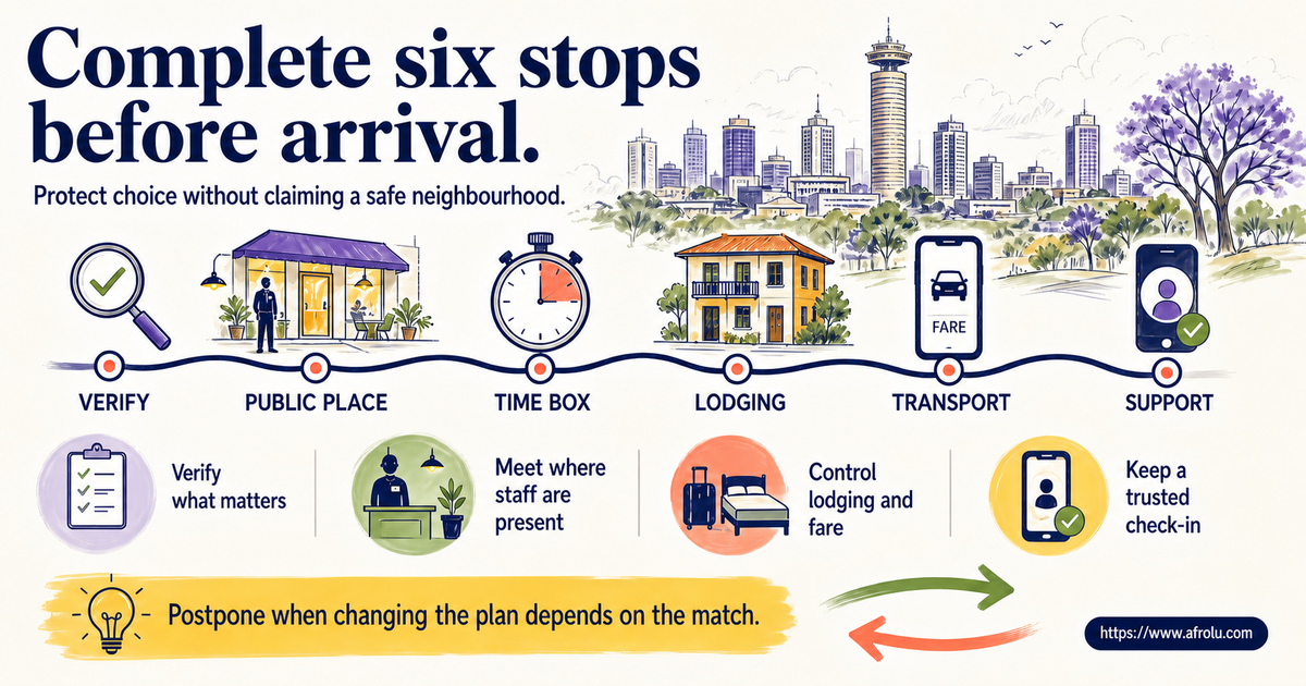 Six-stop Nairobi arrival plan covering verification public place time lodging transport and support for long-distance adults