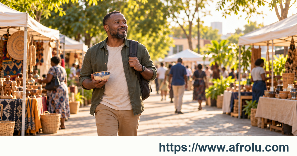 An adult man carries a handmade bowl and his own backpack through a daytime makers market toward an open path.