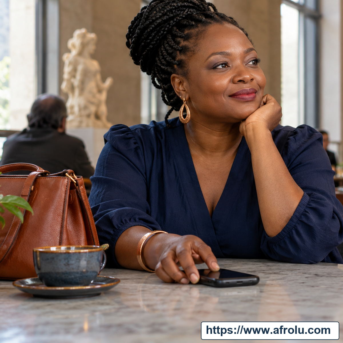 Adult woman sitting at a café table with a phone.