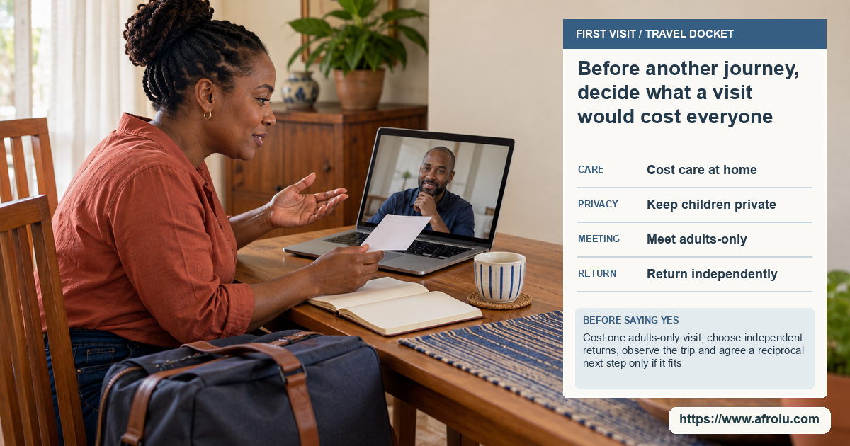 A woman holds an unmarked white travel slip at a dining table while speaking with a man on a laptop video call.