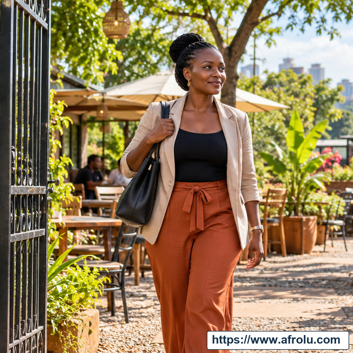 Adult woman walking into a garden café with city buildings in the distance.