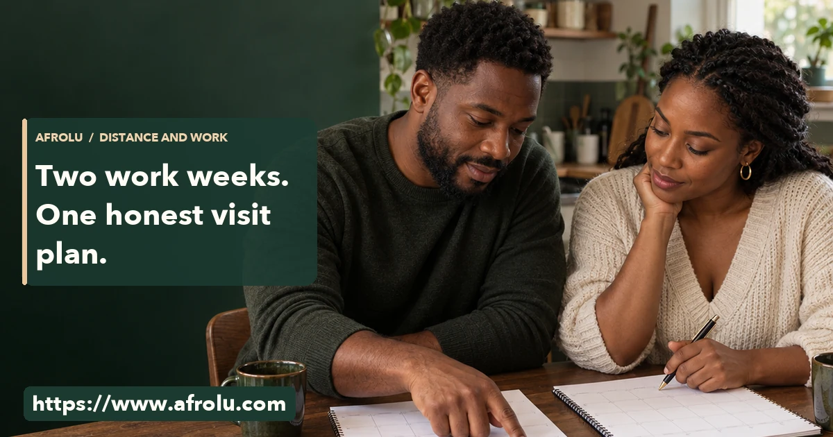 Two adult Black partners compare blank week planners together at a kitchen table.