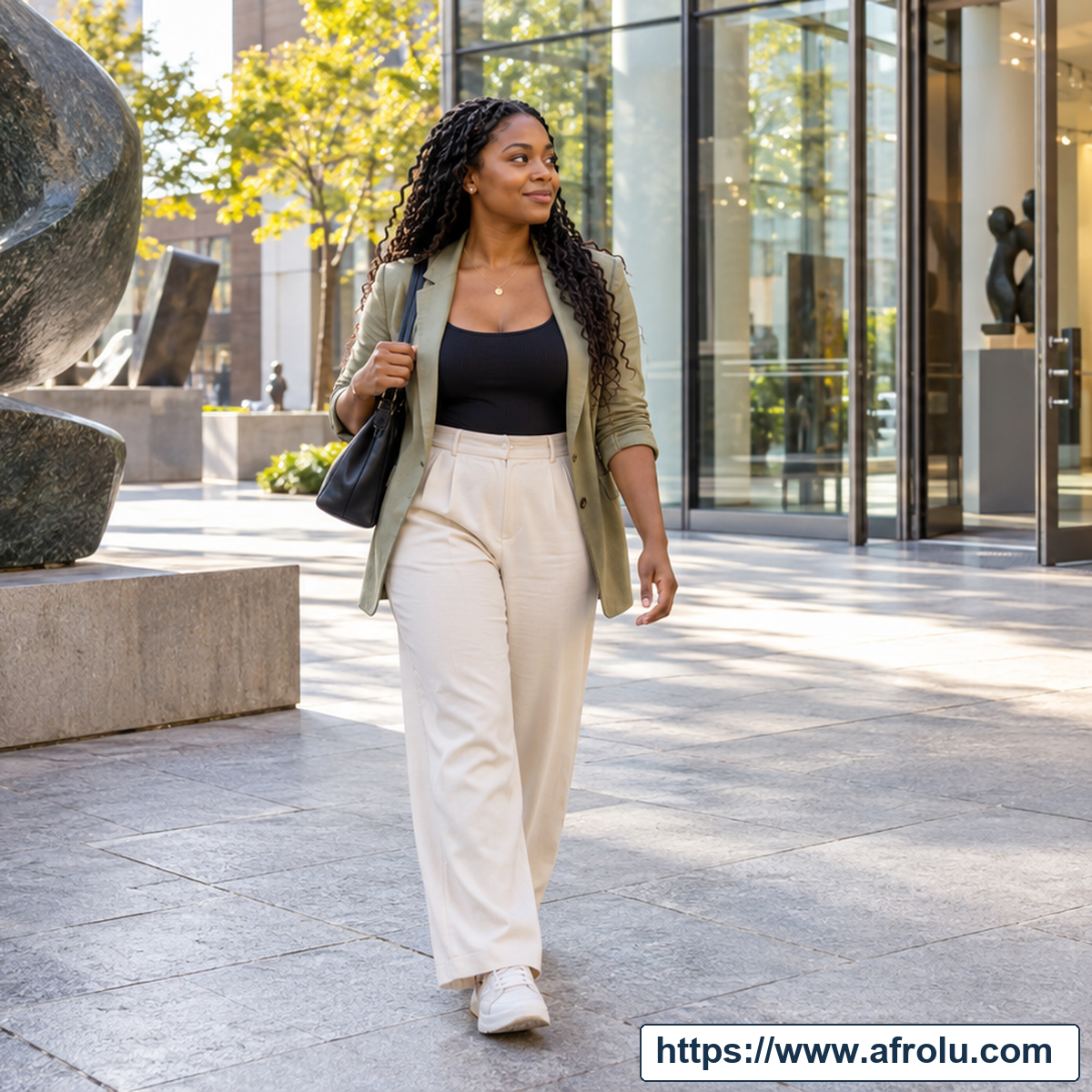 Adult woman walking past a stone sculpture outside glass gallery doors.
