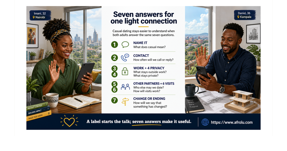 Seven-question casual long-distance agreement for professionals aged 32 and 36 in Nairobi and Kampala