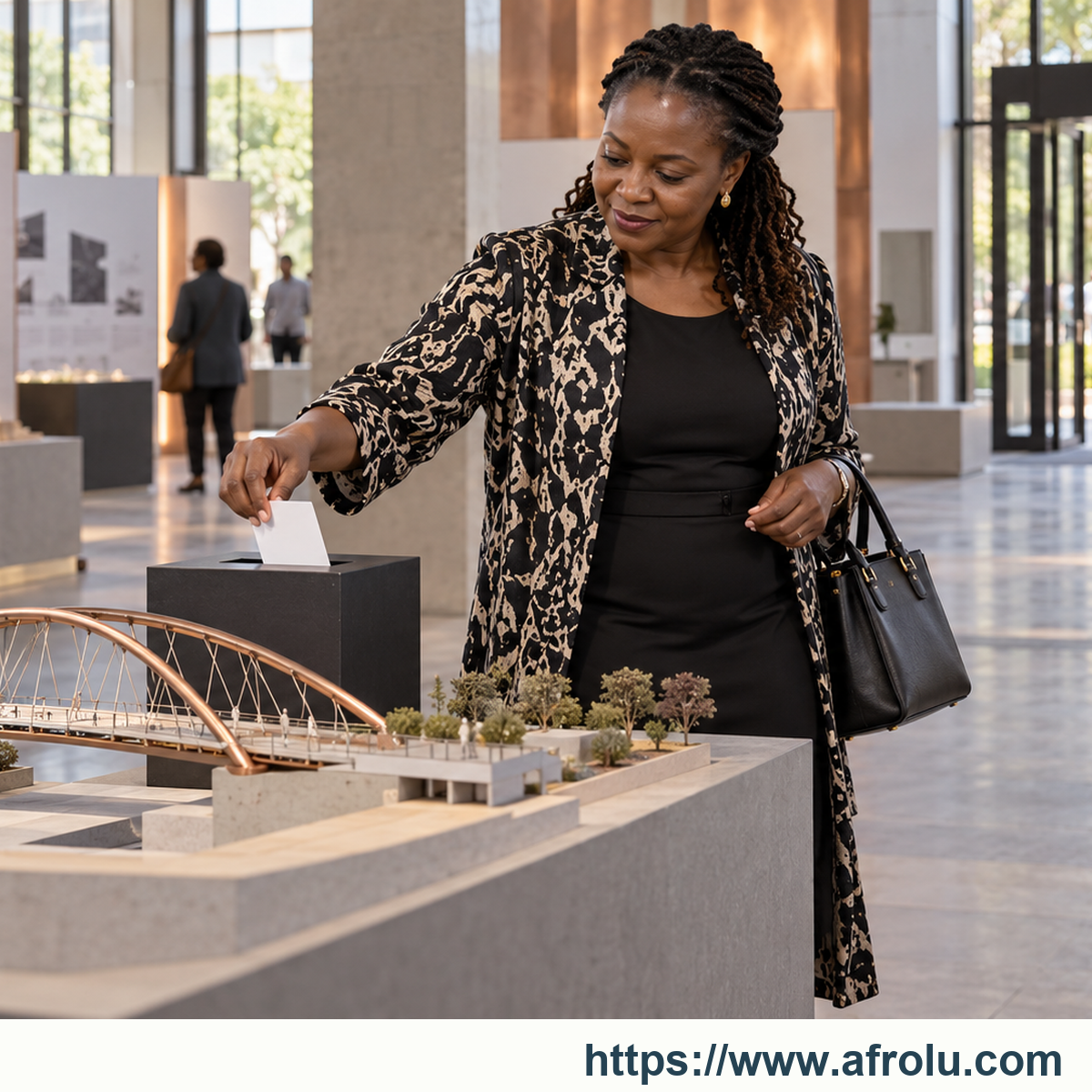 An adult puts a white guide card in a box beside an architecture model in an exhibition hall.