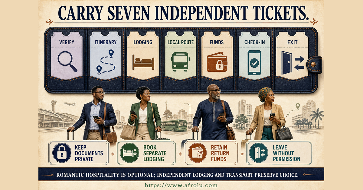Seven-ticket first-visit wallet covering identity itinerary lodging local transport money check-in and exit in professional long-distance dating