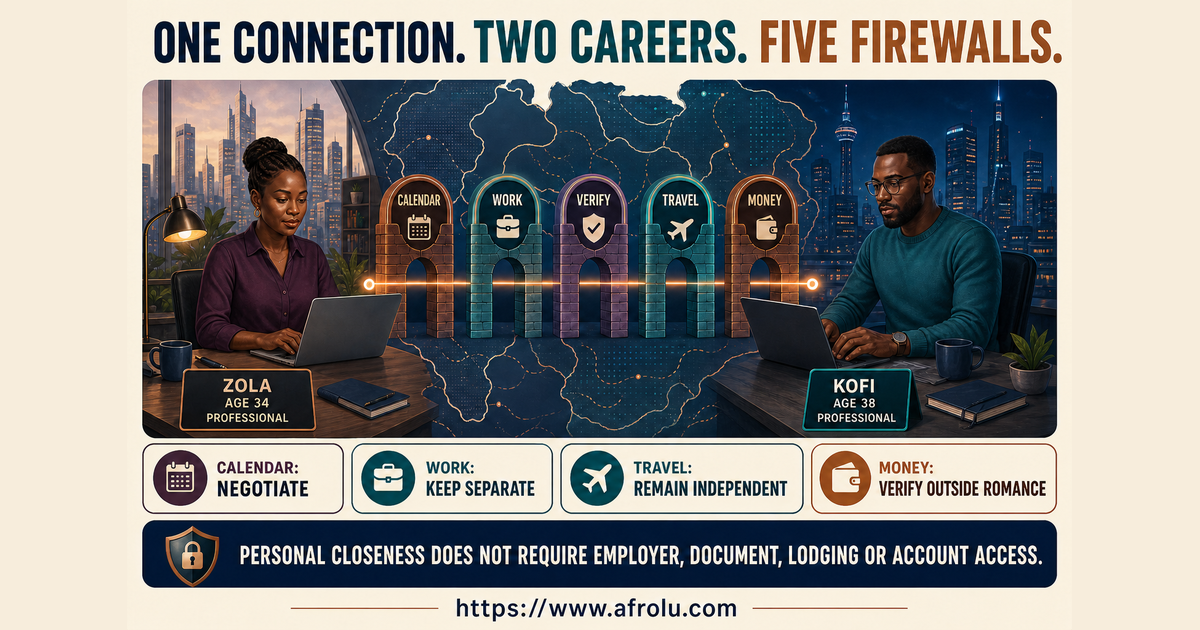 Fictional professionals Zola age 34 and Kofi age 38 using five firewalls around a long-distance relationship and two careers