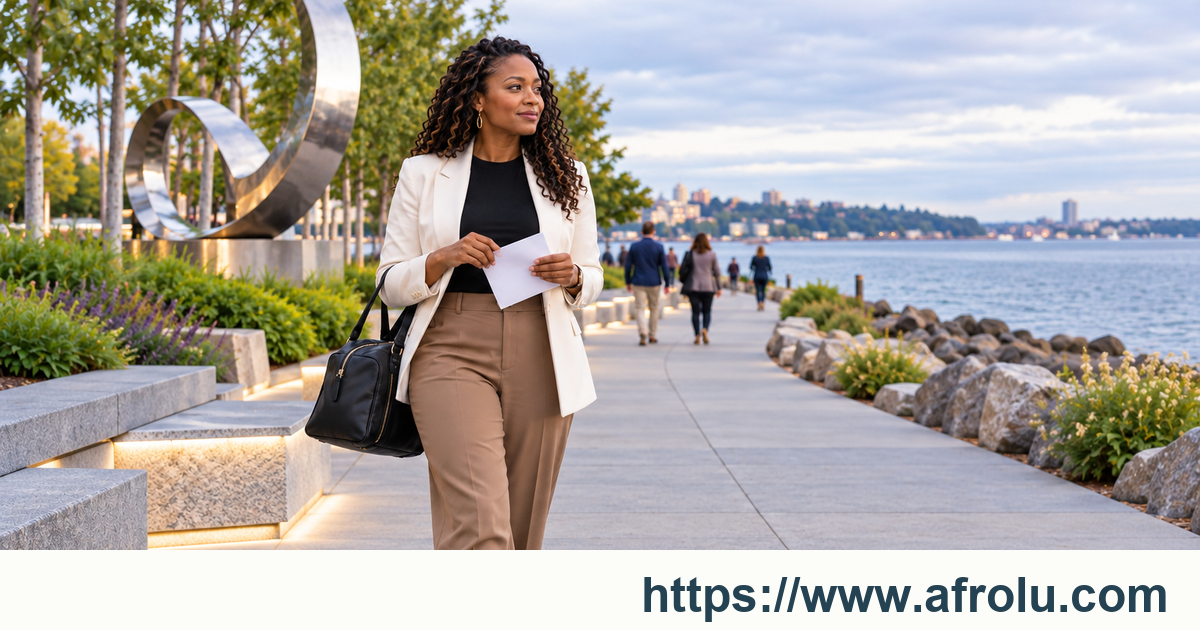 An adult woman carries a blank folded programme and personal bag along a public waterfront sculpture walkway.