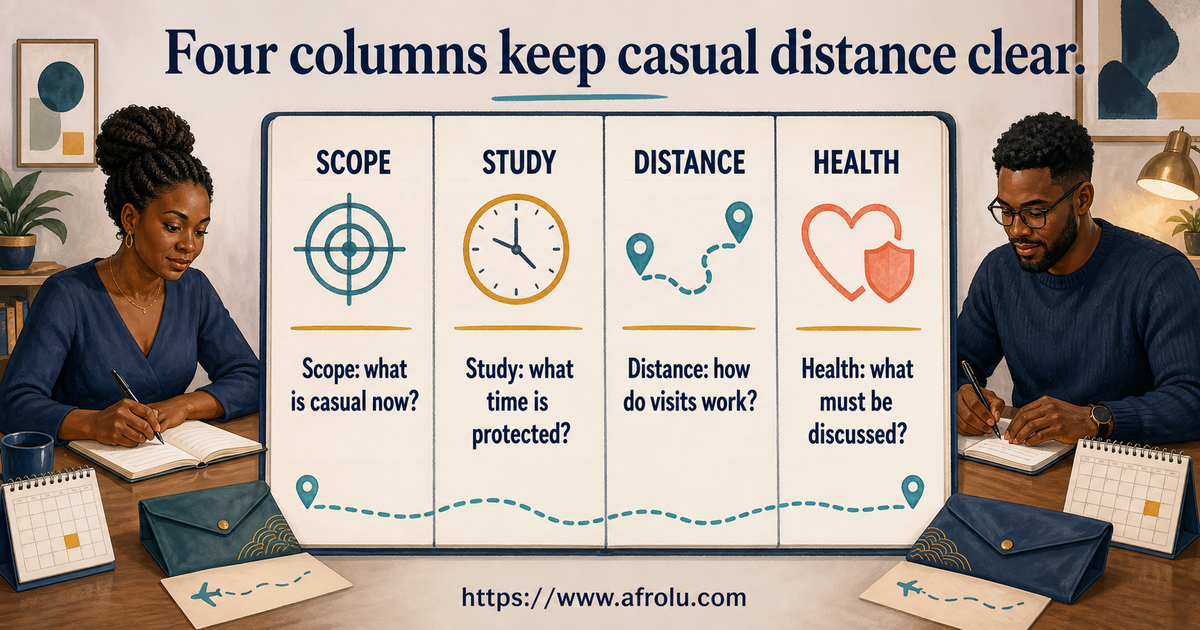 Amina age 27 and Daniel age 29 using a four-column semester ledger for casual long-distance dating