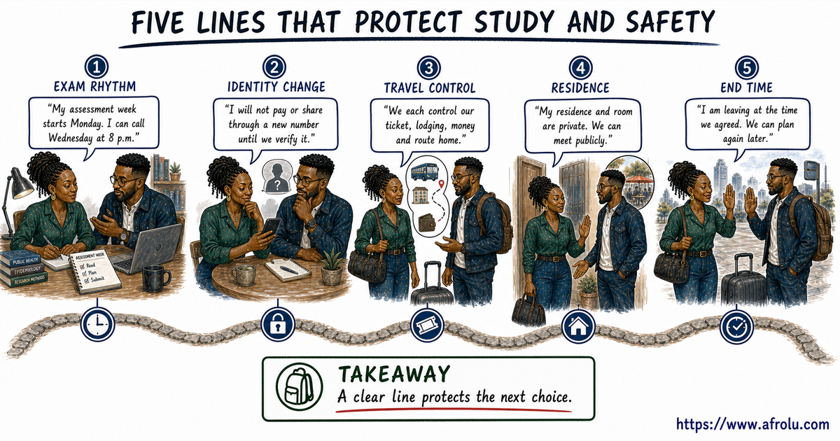 Wanjiku and Baraka use five calm adult scripts for an exam rhythm, changed identity channel, independent travel, residence privacy and an agreed end time.