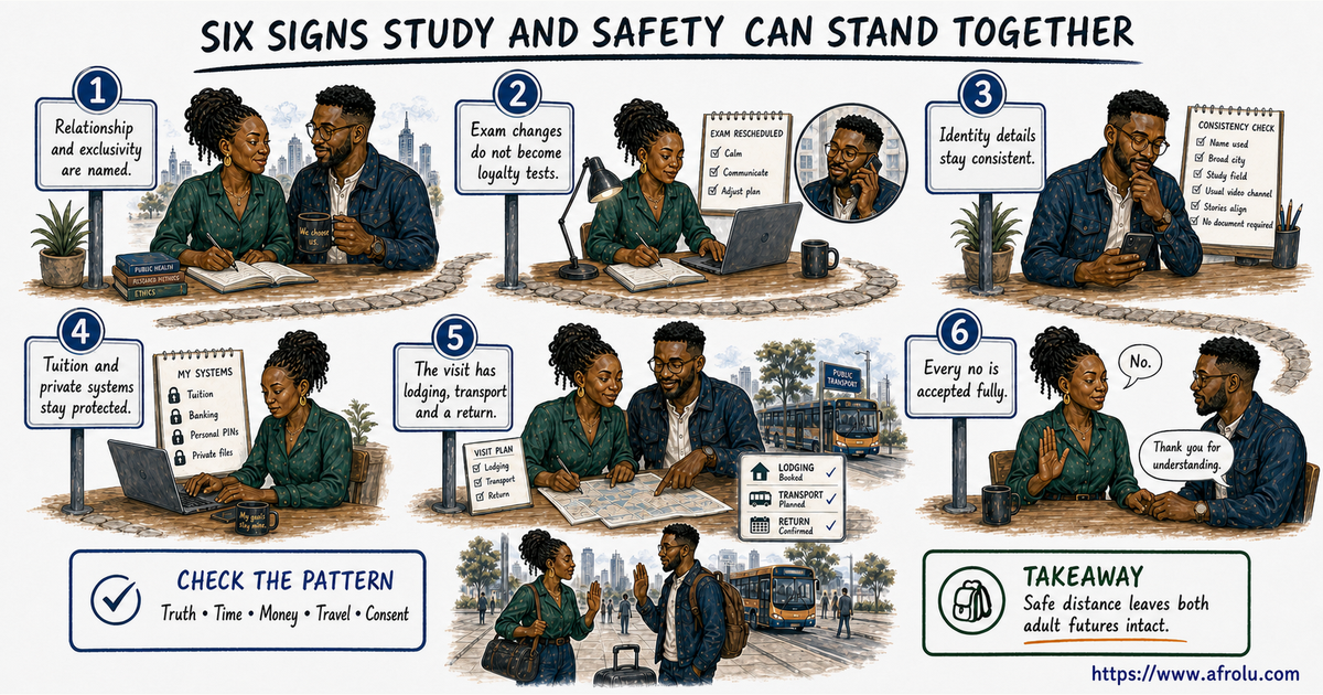 Six illustrated signs show Wanjiku and Baraka naming agreements, repairing exam changes, checking identity without documents and protecting tuition, travel and consent.