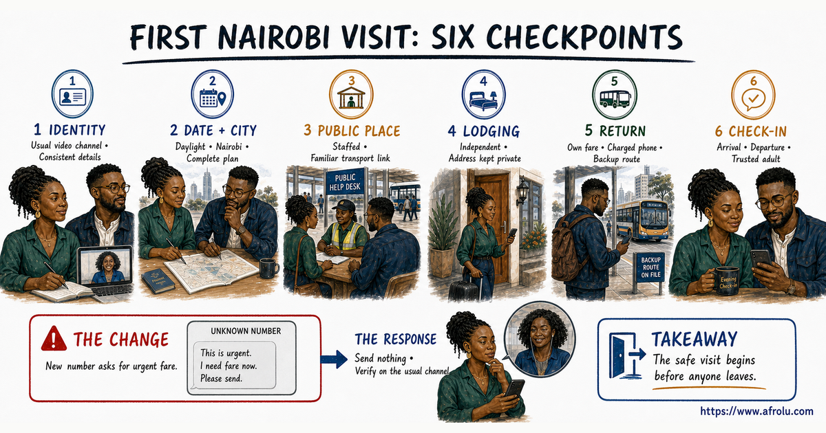 Wanjiku and Baraka plan a first Nairobi visit through six checkpoints and verify an unknown-number fare request through their usual channel before travel.