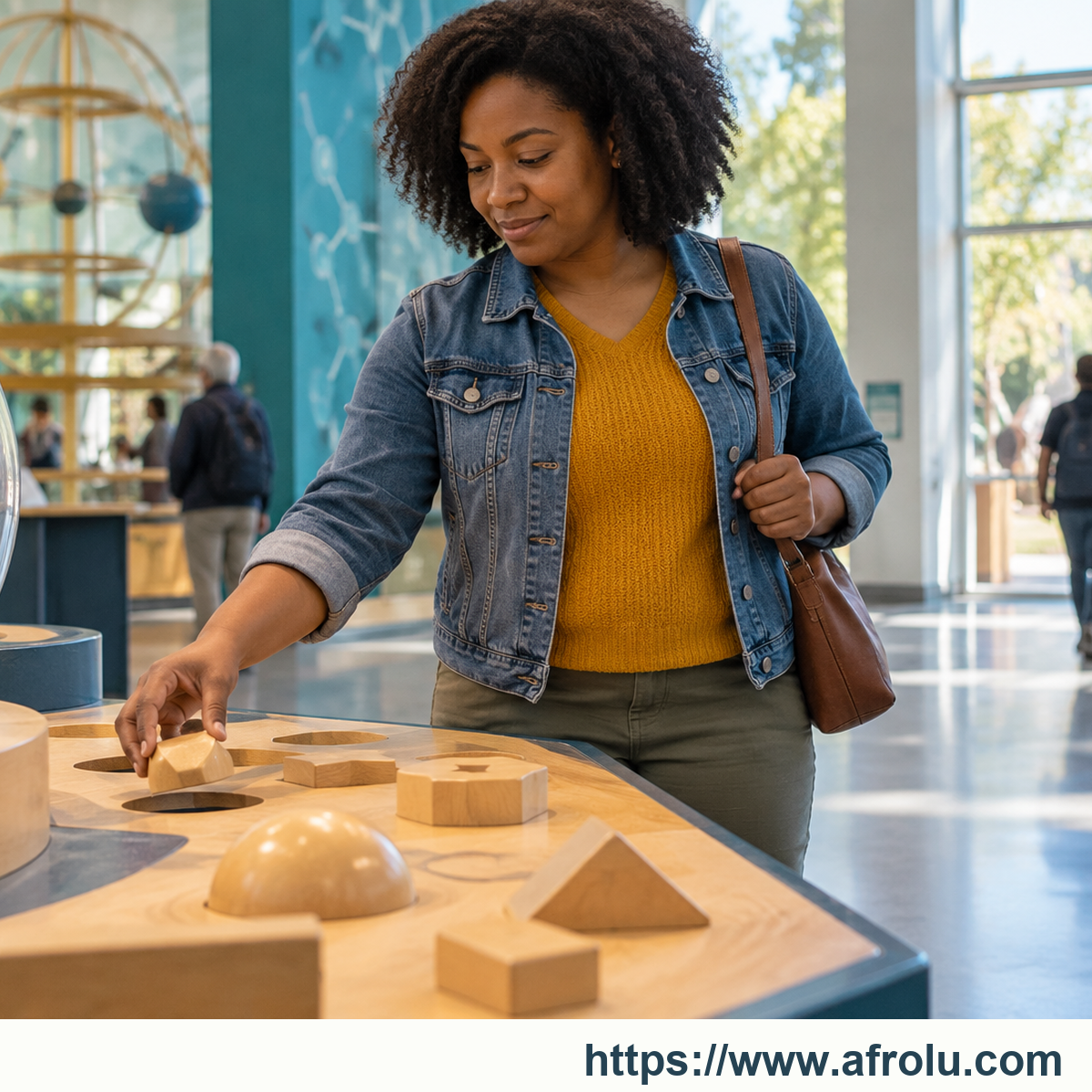An adult fits a wooden puzzle piece at a science centre, with an open hall behind her.