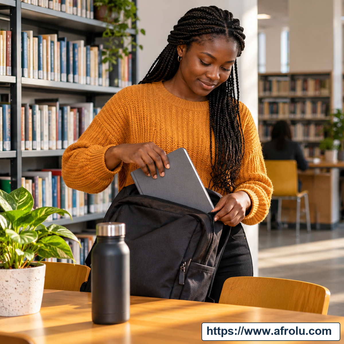 Adult woman putting a notebook into a backpack at a library table.