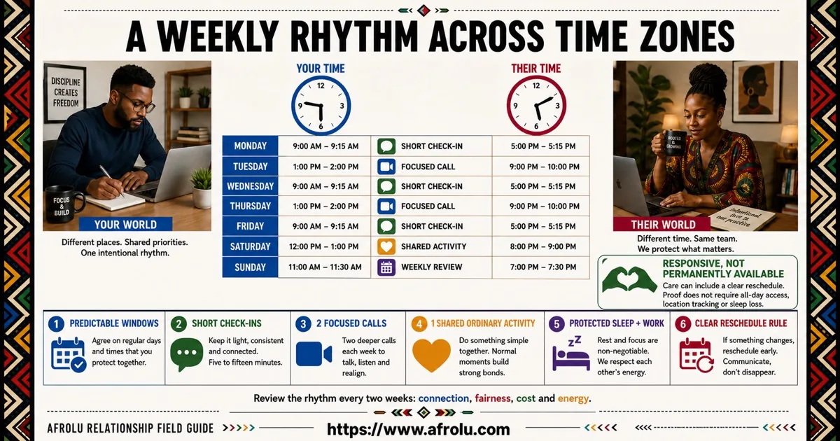 Weekly long distance communication rhythm showing time zones, short check-ins, protected focus, shared activities, and a weekly planning call