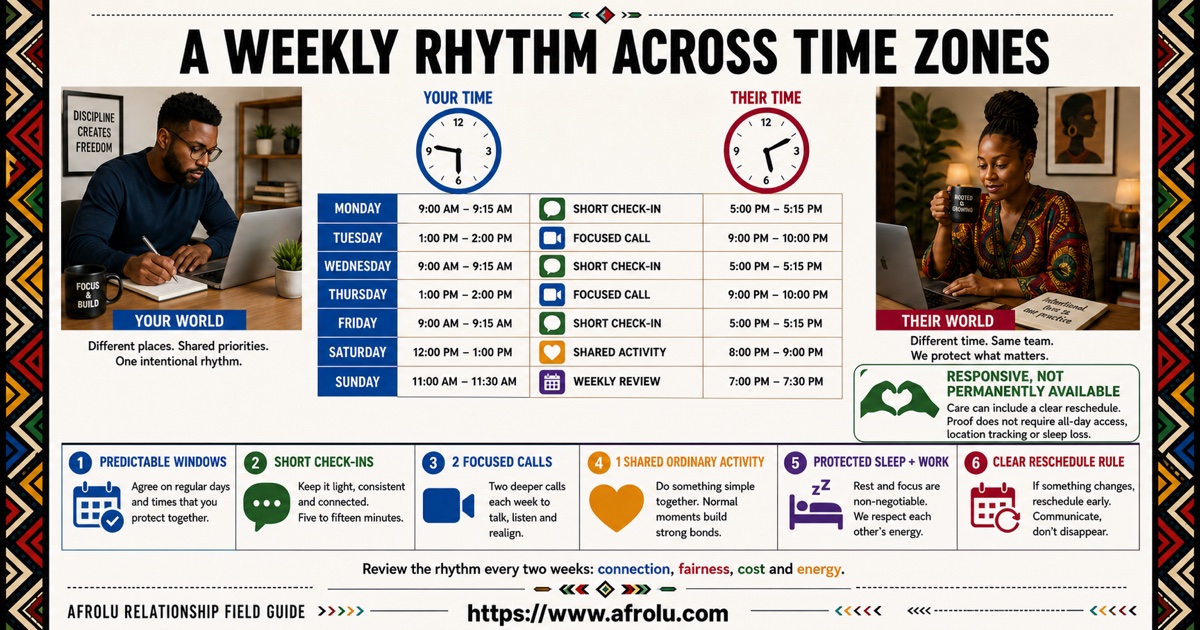 Weekly long distance communication rhythm showing time zones, short check-ins, protected focus, shared activities, and a weekly planning call