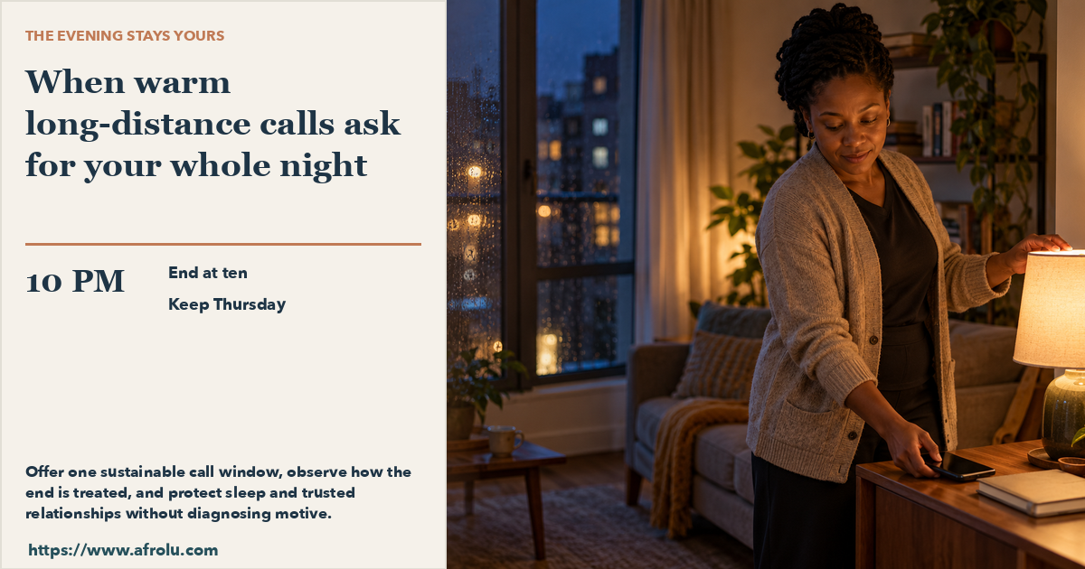 An adult woman in a modest diaspora flat sets a blank-screen phone down beside a closed planner before ending a late call.