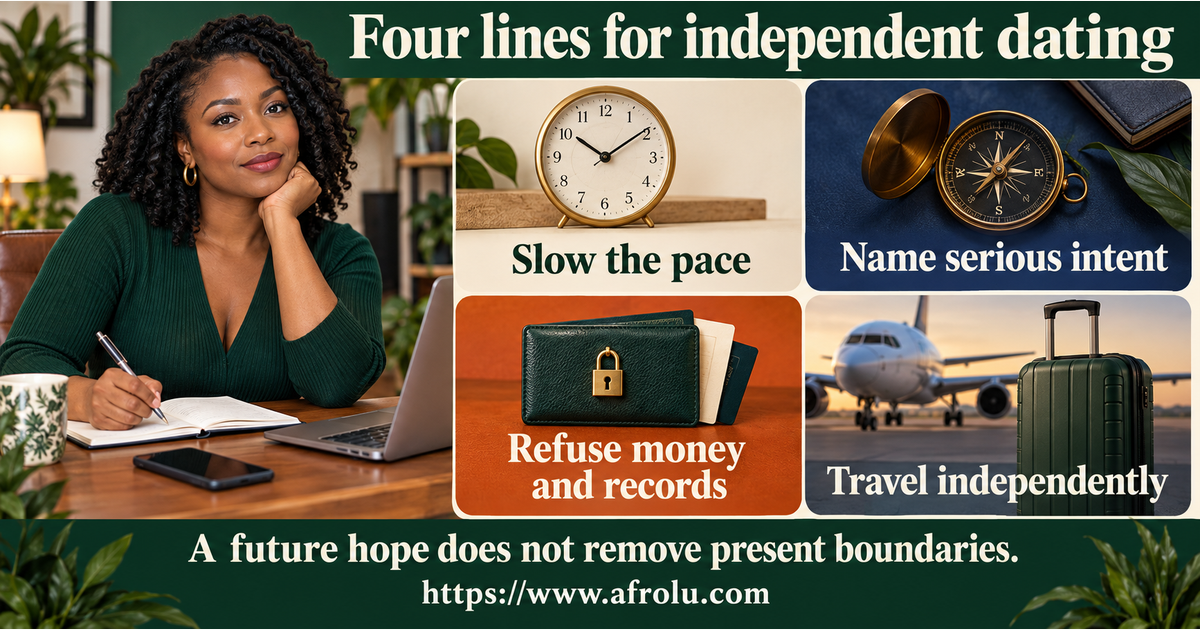 Four large plain-language scripts for slowing a connection, naming serious intent, refusing money or documents and requiring independent travel