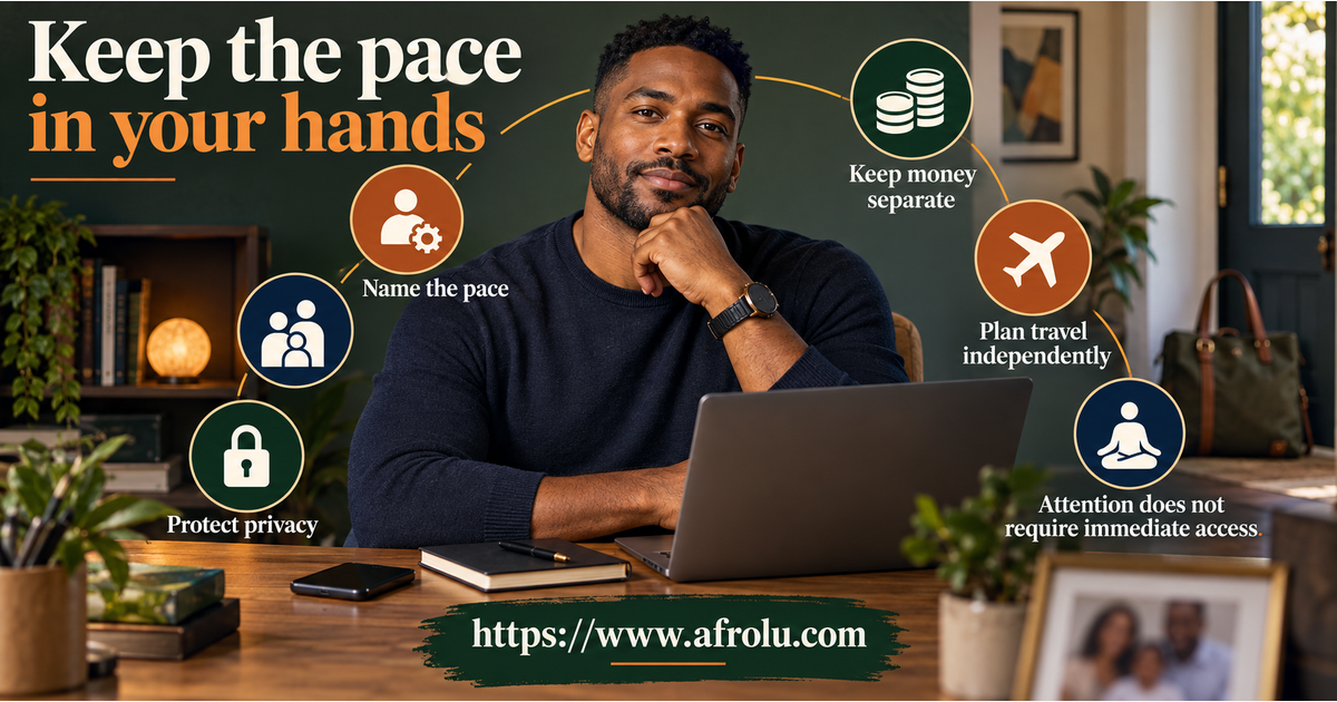 Adult diaspora dater at a calm desk choosing a slower dating pace around work, family, privacy, money and independent travel choices