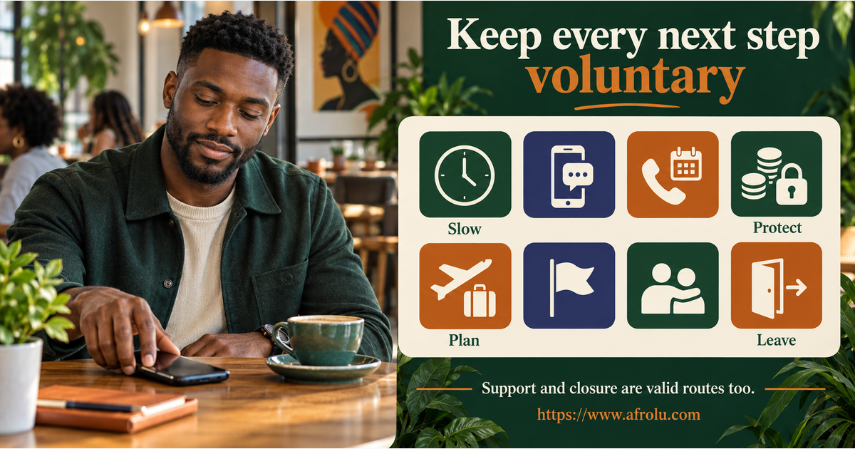 Eight equal-choice board for slowing contact, staying on-platform, planning one call, keeping money private, arranging independent travel, reporting pressure, seeking support or ending contact