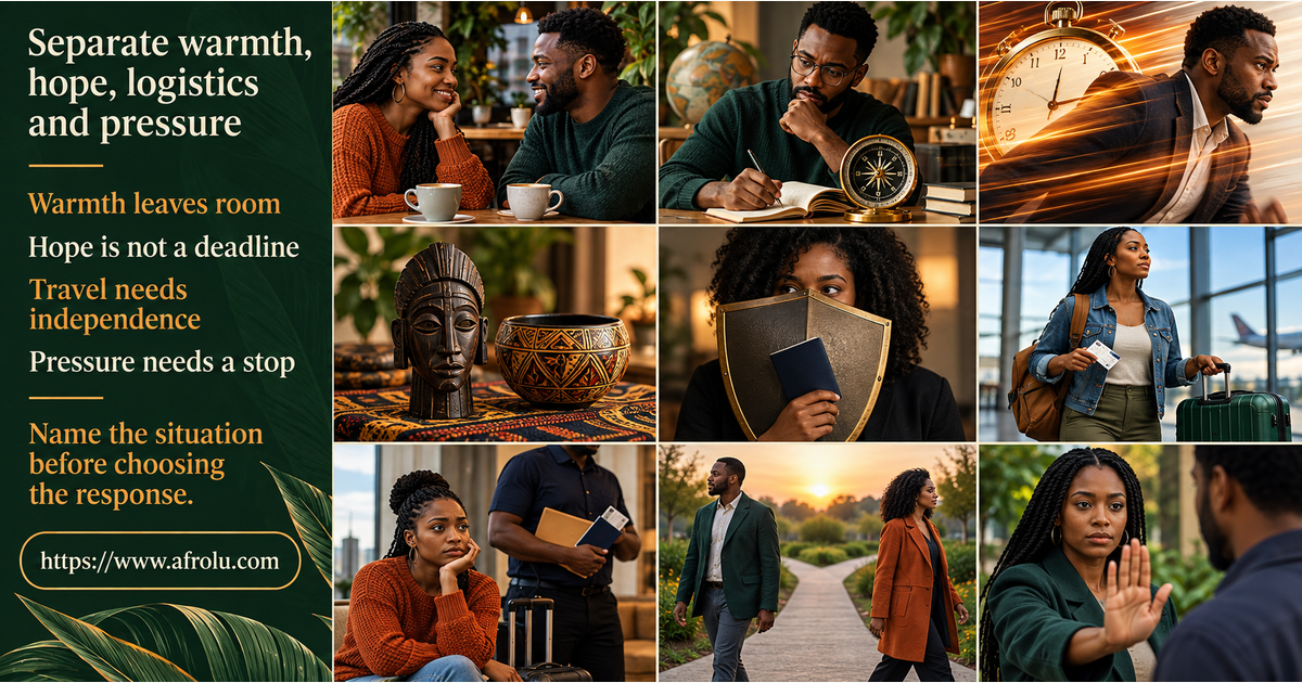 Nine-panel comparison of early warmth, serious intent, rushed commitment, shared background, identity pressure, independent visit, dependent trip, respectful mismatch and coercive contact