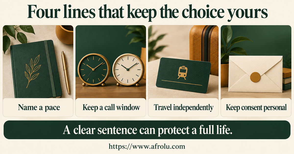 Four large plain-language scripts for a gradual faith-led pace, a call window, independent travel and keeping consent and community disclosure personal