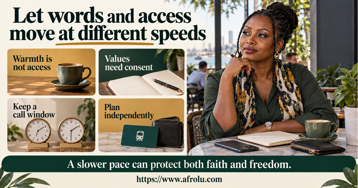 Two adult faith-led long-distance daters in separate calm rooms compare a warm message, a realistic call window, a public meeting plan and independent privacy boundaries