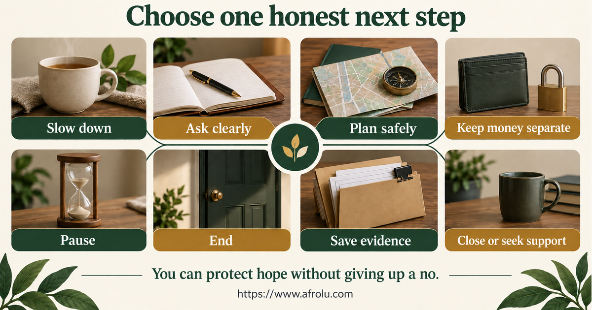 Eight equal-choice board for slowing contact, asking a values question, setting a call window, protecting privacy, planning a public meeting, declining money, seeking support or closing a connection