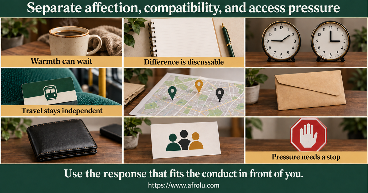 Nine-panel comparison of welcome affection, values difference, gradual call, future hope, independent public visit, gift obligation, money request, community exposure and clear closure