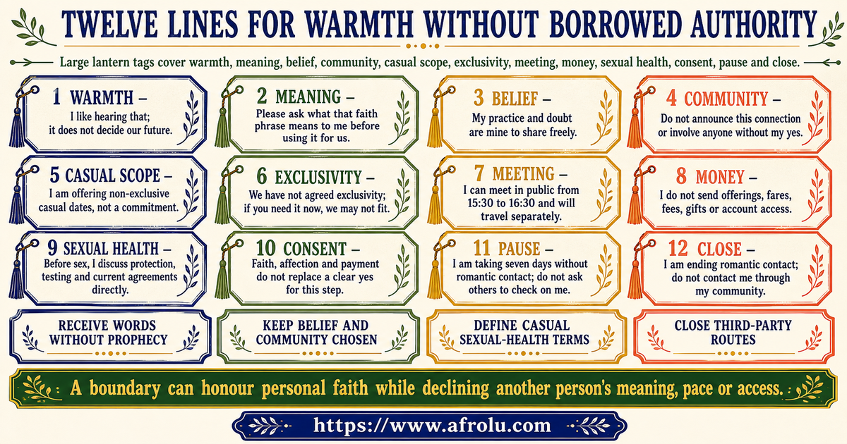 Twelve complete faith-voluntary scripts for warmth meaning belief community casual scope exclusivity meetings money sexual health consent pause and closure