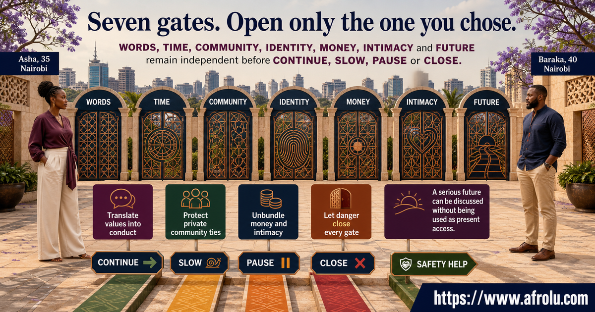 Asha and Baraka reviewing seven gates for faith-led serious dating pace in a Nairobi courtyard
