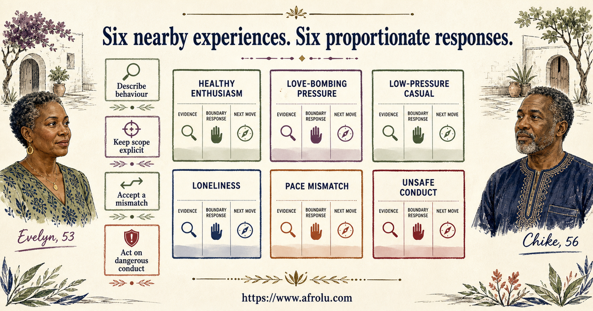 Comparison of healthy enthusiasm love bombing pressure low-pressure casual dating loneliness mismatch and unsafe conduct
