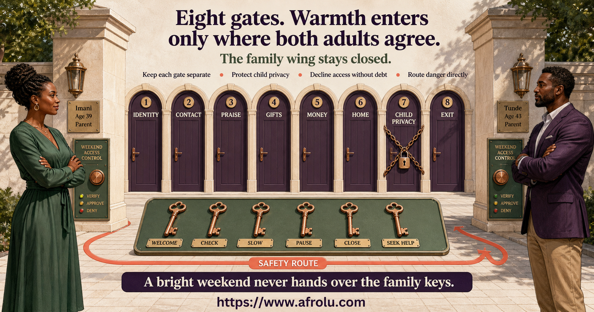 Imani and Tunde reviewing eight independent weekend gates for identity contact praise gifts money home child privacy and exit