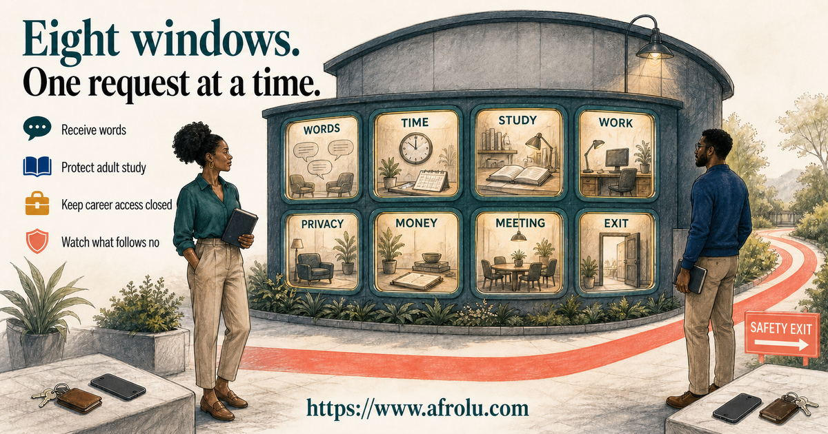 Wanjiku and Musa observing eight separate windows for affection study career privacy money meetings and exit