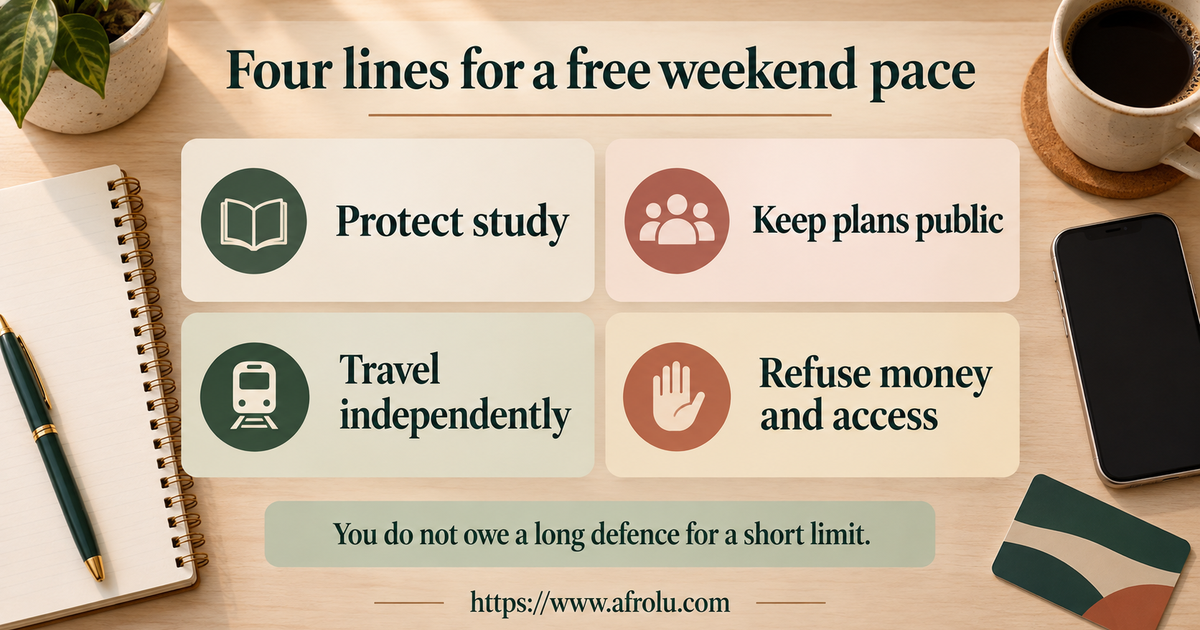 Four large plain-language scripts for a study-week message limit, short public first date, independent transport and refusing money or student access