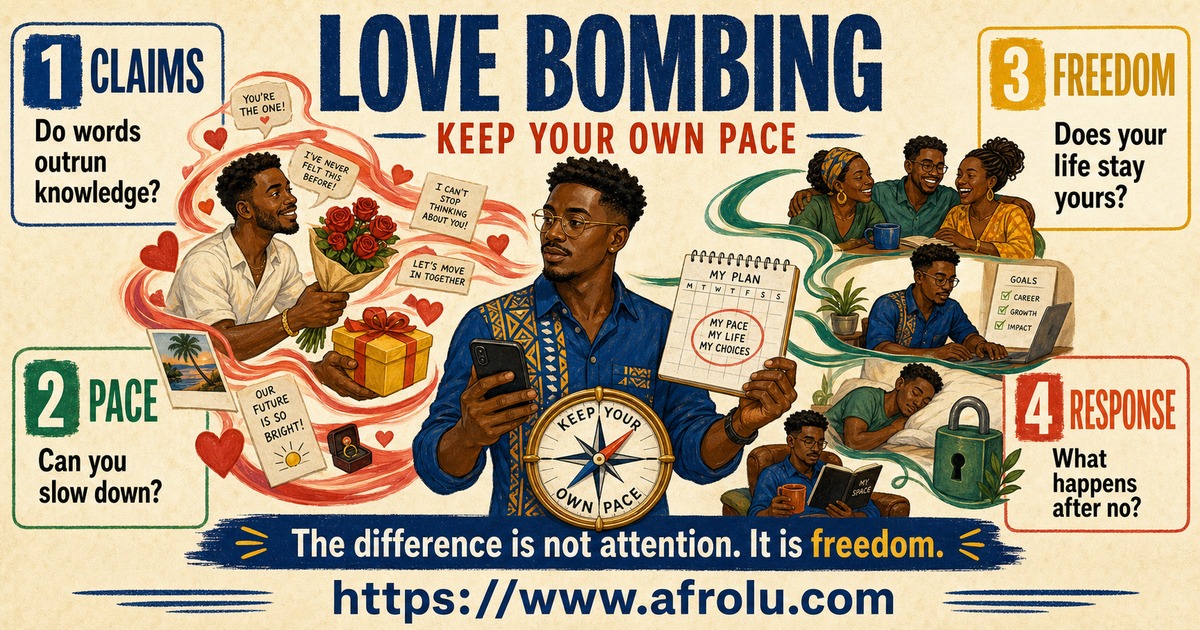 Illustrated love bombing guide using claims, pace, access, and response to test intense early attention