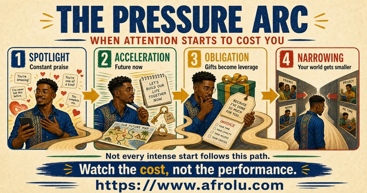 Illustrated pressure arc showing attention, acceleration, obligation, and narrowing in an intense new relationship