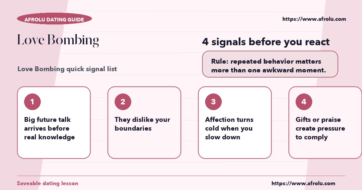 Checklist graphic explaining the most common signals for love bombing
