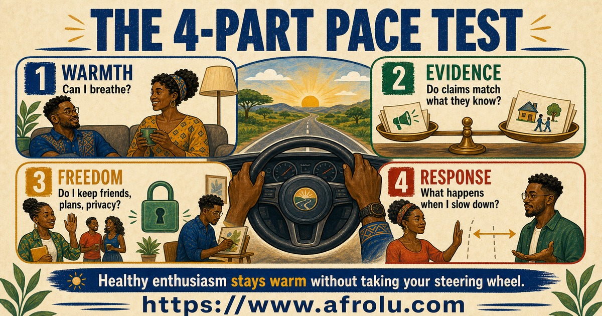 Four-part love bombing pace test covering warmth, evidence, freedom, and response to a boundary
