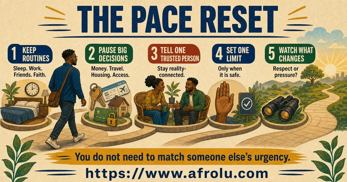 Five-step love bombing pace reset covering routines, decisions, trusted support, one limit, and observation