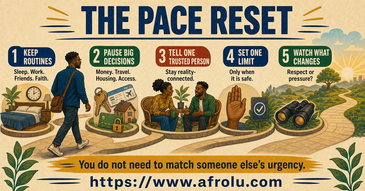 Five-step love bombing pace reset covering routines, decisions, trusted support, one limit, and observation